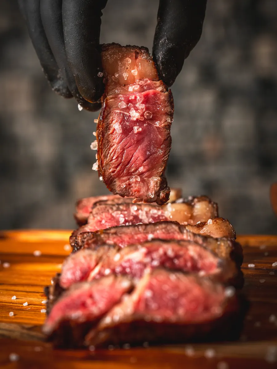 Fatia de corte Black Angus ao ponto, finalizada com flor de sal